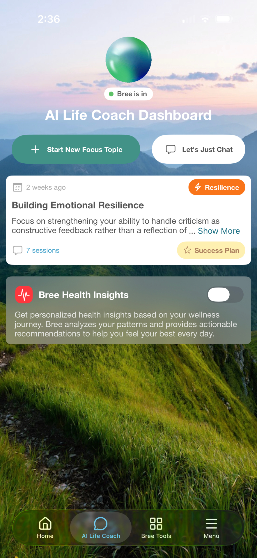 Bree AI Life Coach dashboard showing focus topics and Success Plans