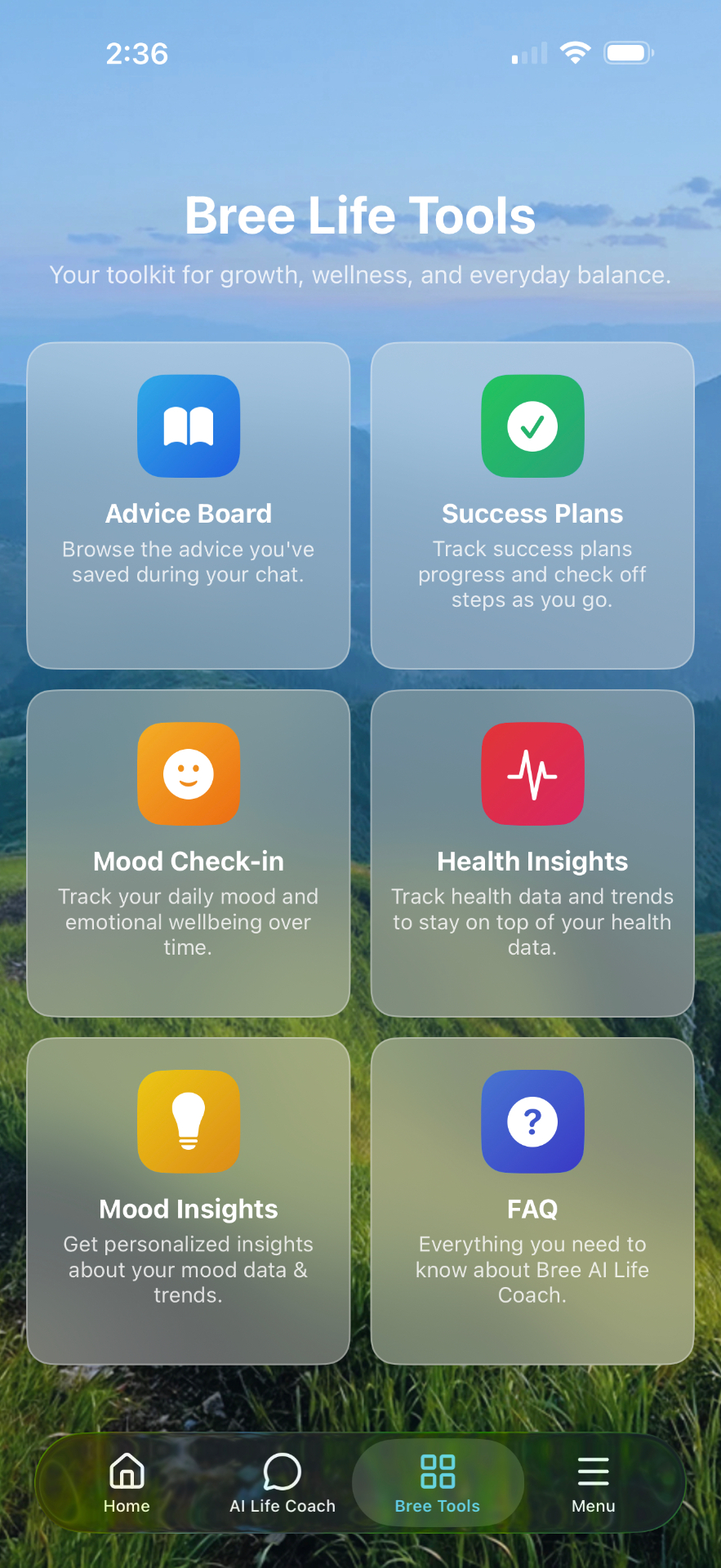 Bree Life Tools grid: Advice Board, Success Plans, Mood Check-in, Health Insights